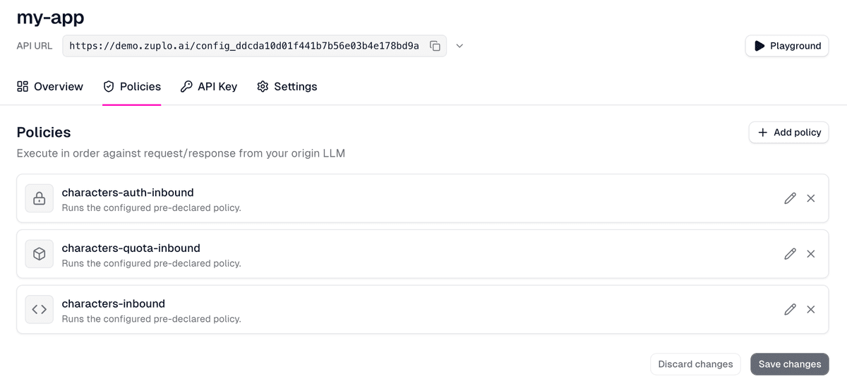 Policies tab for an AI Gateway app showing authentication, quota, and custom policies in execution order
