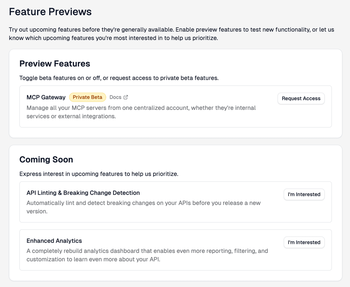 Feature Previews page with beta toggles and interest buttons