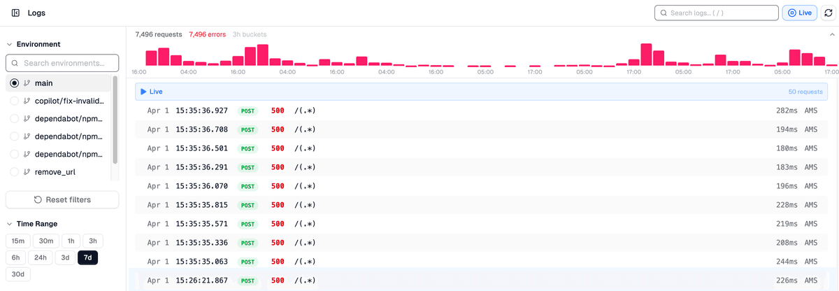 Log Viewer v2 with timeline histogram and filtered request table