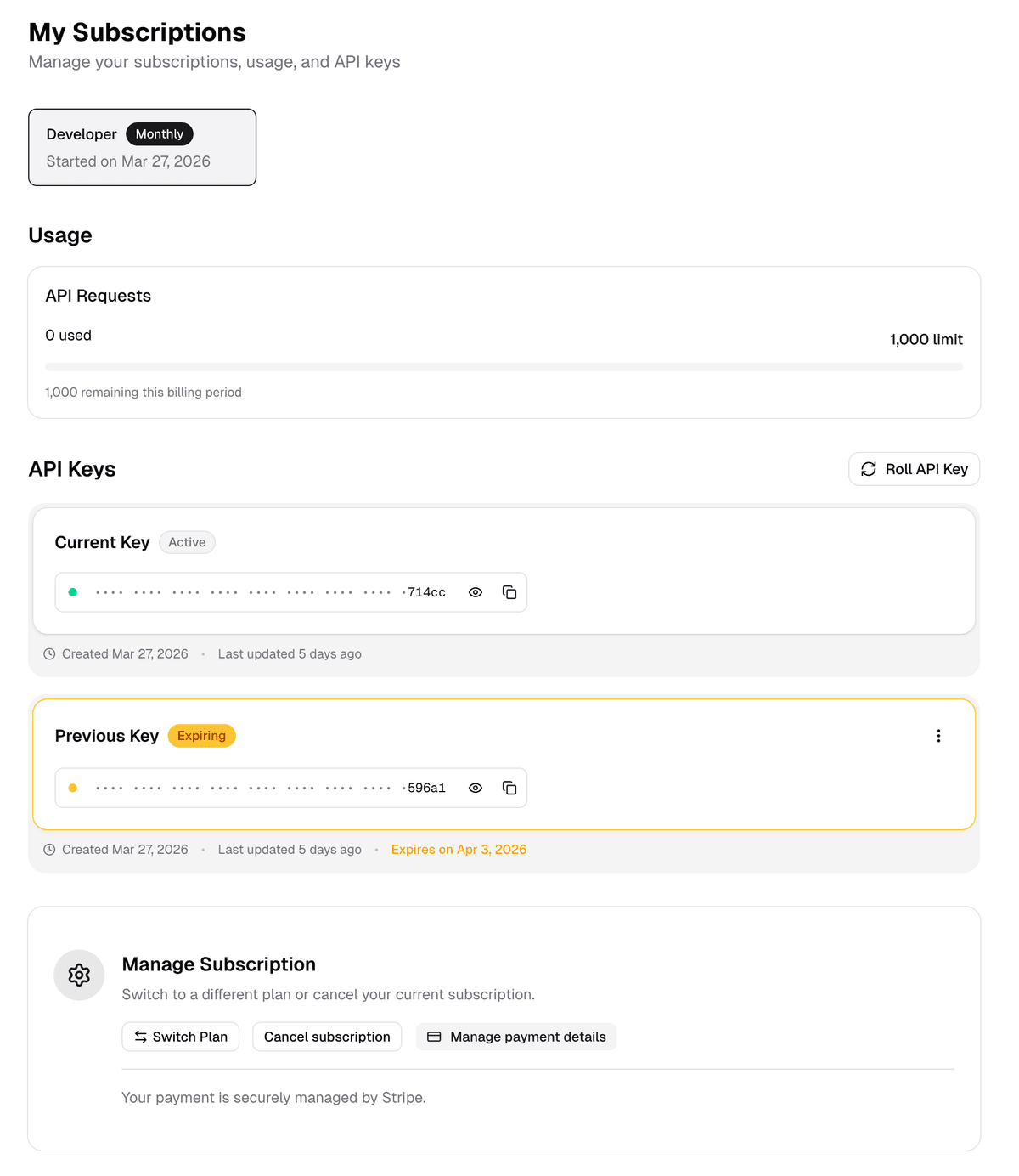 Dev Portal subscription management, usage tracking, and API keys