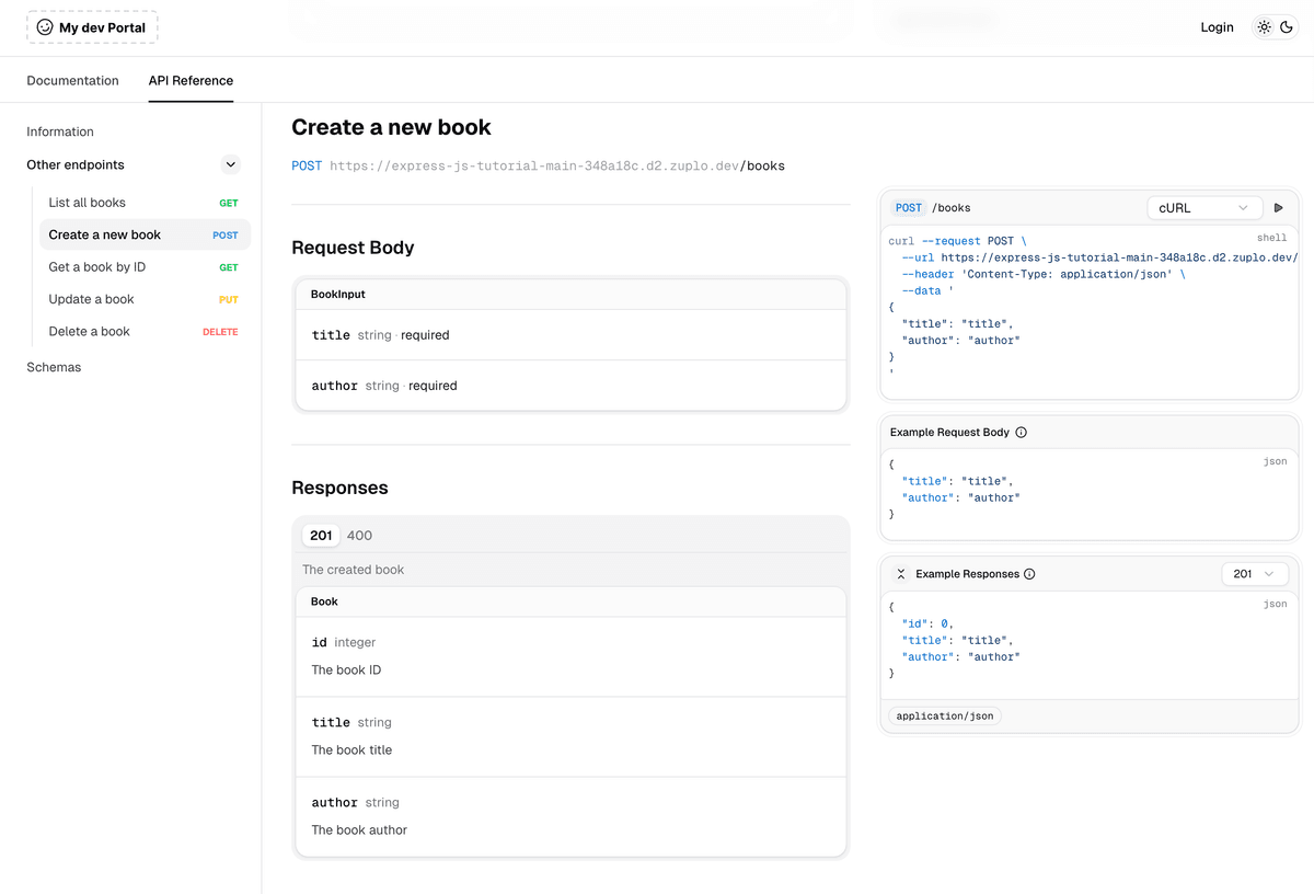 Auto-generated developer portal showing the Create a new book endpoint with request body schema, example payload, and cURL snippet