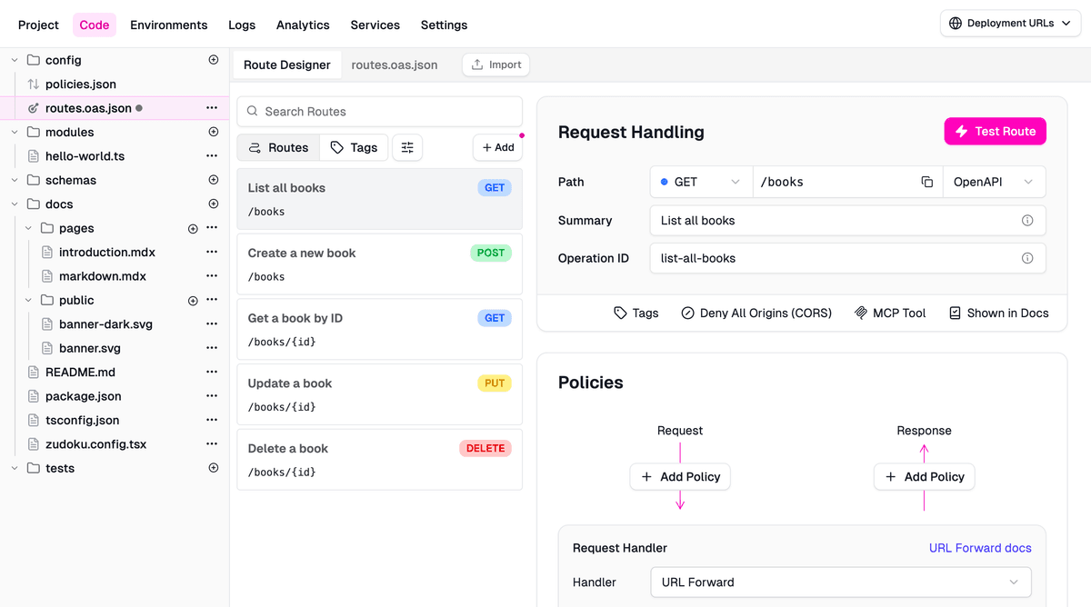 Zuplo route designer showing all five book routes imported from the OpenAPI spec