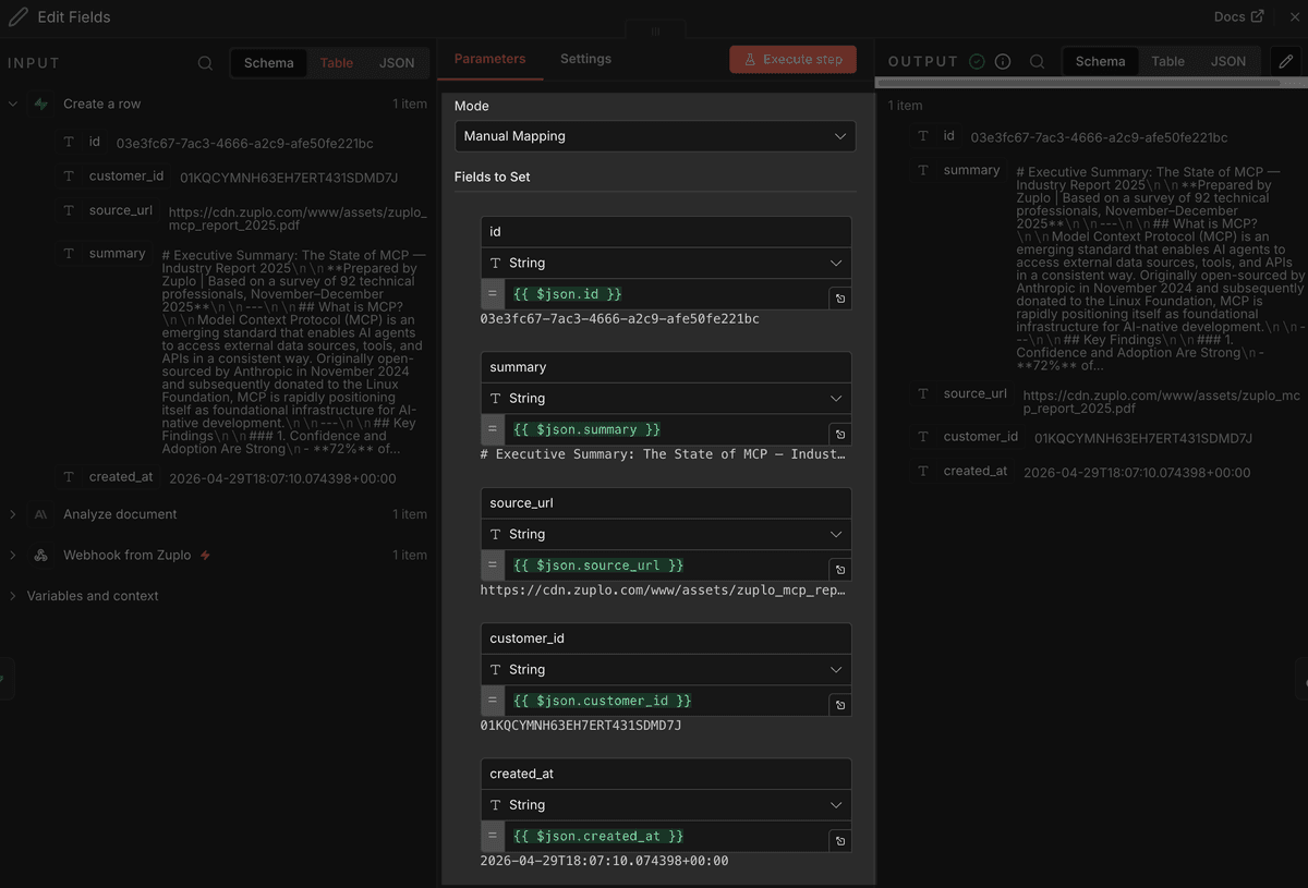 The n8n Edit Fields (Set) node configuration. The Input panel on the left shows the incoming fields id, customer_id, source_url, summary, and created_at from the Create a row step. The Parameters panel in the middle uses Manual Mapping to assemble each field by referencing the matching json property. The Output panel on the right shows the final assembled object that will be handed to the Respond to Webhook node.