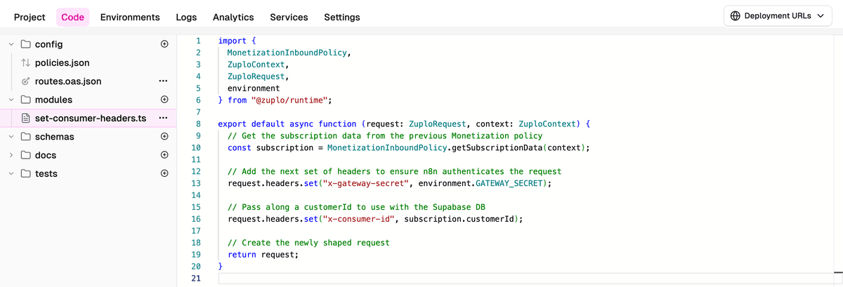 The Zuplo portal Code view, with the file tree on the left showing config, modules, schemas, docs, and tests folders. The modules folder is expanded and set-consumer-headers.ts is open in the editor on the right, showing the imports from @zuplo/runtime and the default export that reads the subscription, sets x-gateway-secret and x-consumer-id, and returns the request.