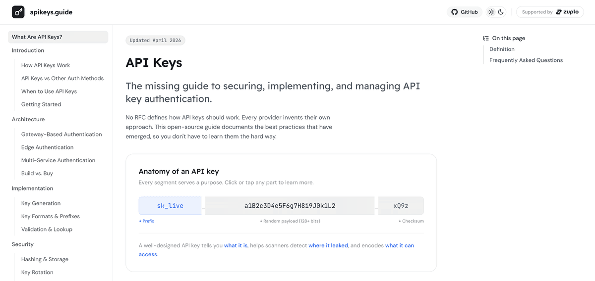 apikeys.guide homepage showing the anatomy of a well-designed API key with prefix, payload, and checksum segments