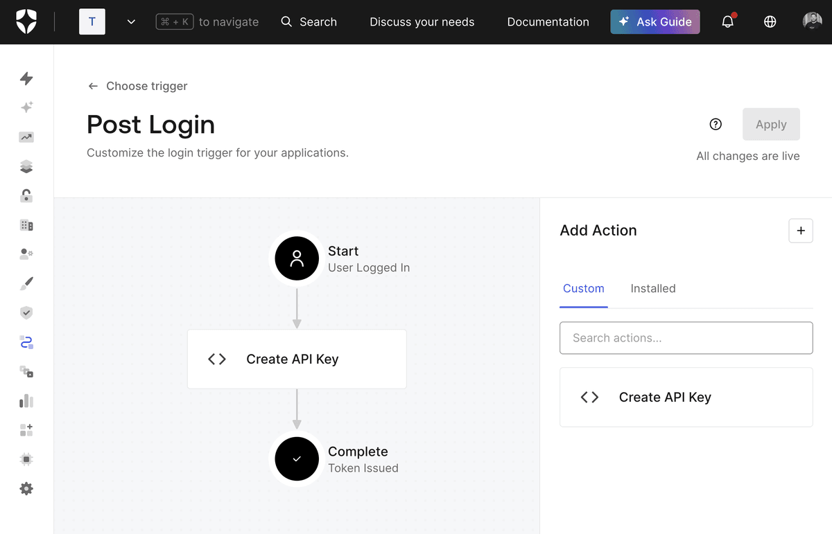 The Auth0 Post Login trigger flow with the Create API Key Action placed between Start and Complete.