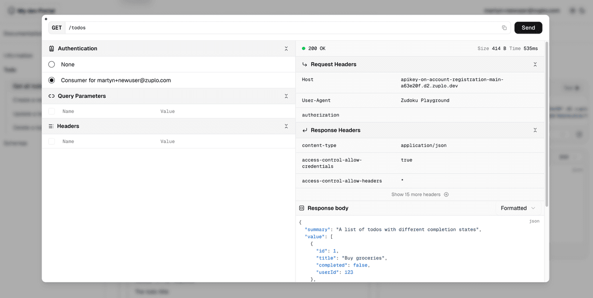 The Zuplo developer portal API playground with the user's auto-provisioned consumer pre-selected under Authentication, returning a 200 OK with a JSON list of todos on the first request.