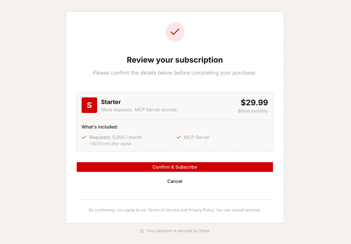 A Stripe Checkout review screen titled Review your subscription showing a Starter plan at $29.99 billed monthly with 5,000 requests a month plus $0.10 per unit after quota and MCP Server access, a Confirm and Subscribe button, and a footer reading Your payment is secured by Stripe