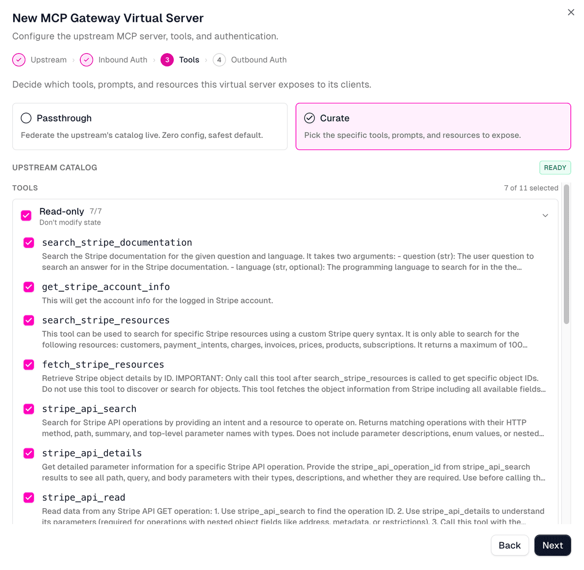 The Zuplo MCP Gateway wizard on the Tools step, set to Curate, showing the Stripe upstream catalog with the Read-only group of seven tools all checked and the write tools left unselected, seven of eleven tools selected.