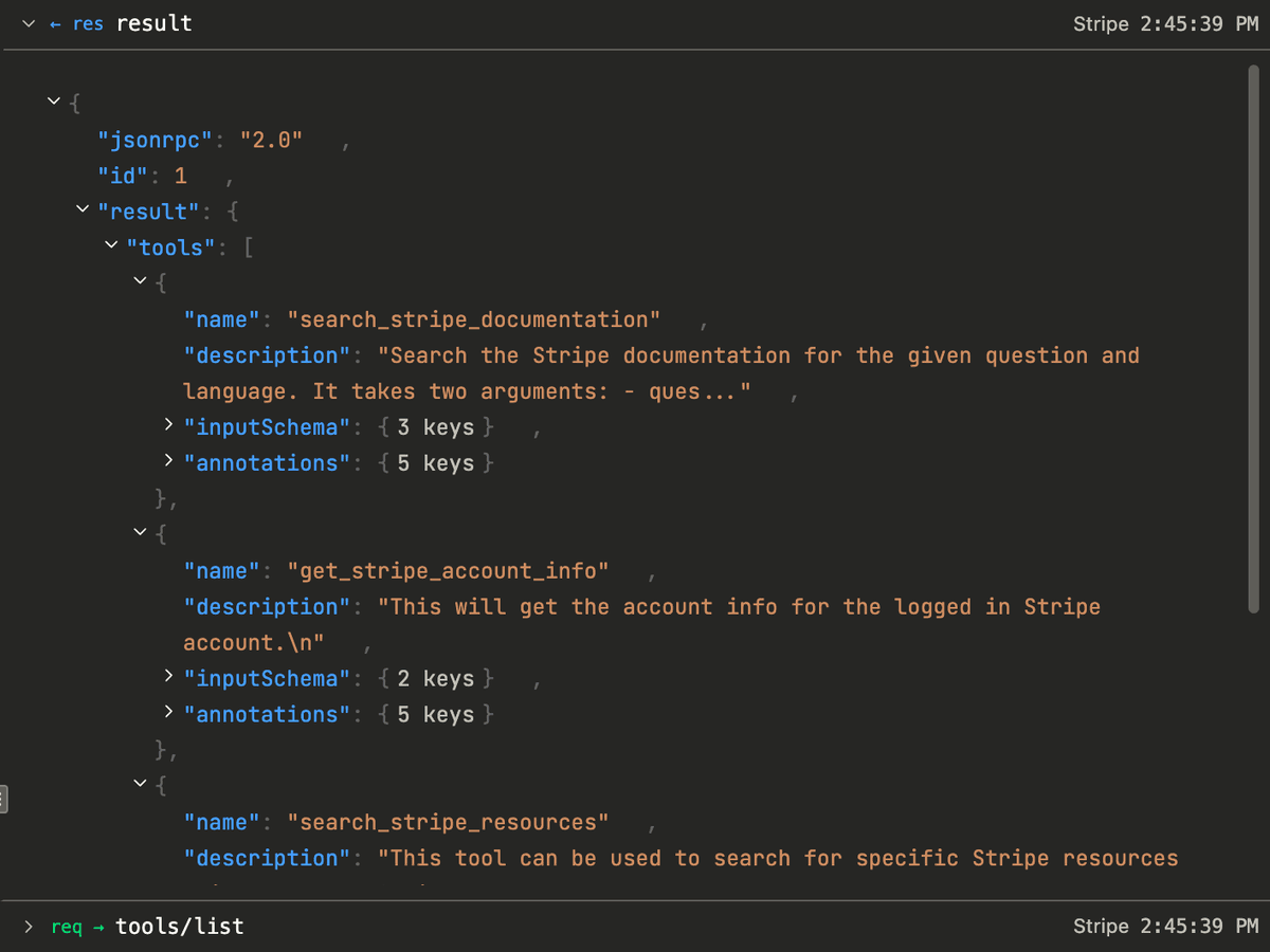 MCPJam showing the tools/list response from the read-only virtual server, returning the seven allowlisted Stripe read tools with their descriptions and annotations.