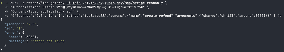 Raw JSON-RPC response showing error code -32601 Method not found for a create_refund call.