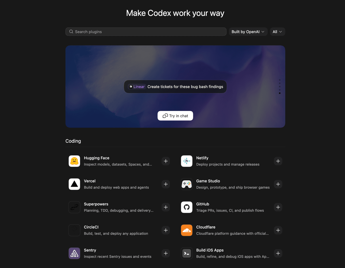 'Make Codex work your way' plugin marketplace filtered to Built by OpenAI, showing Coding-category plugins including Hugging Face, Netlify, Vercel, GitHub, CircleCI, Cloudflare, and Sentry