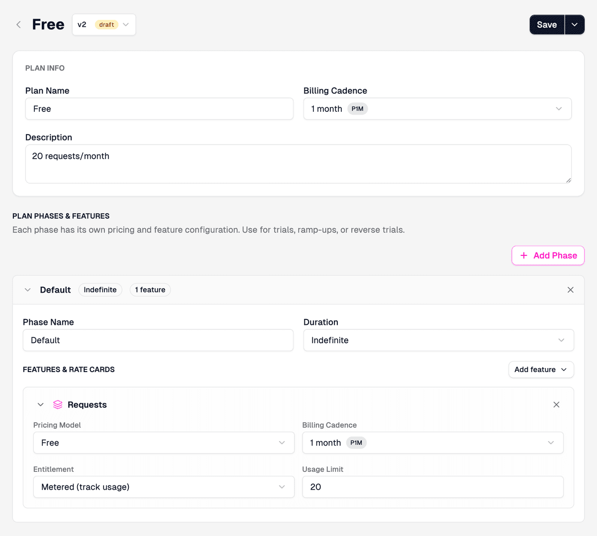 Free plan rate card with a Metered entitlement and a 20-request monthly usage limit
