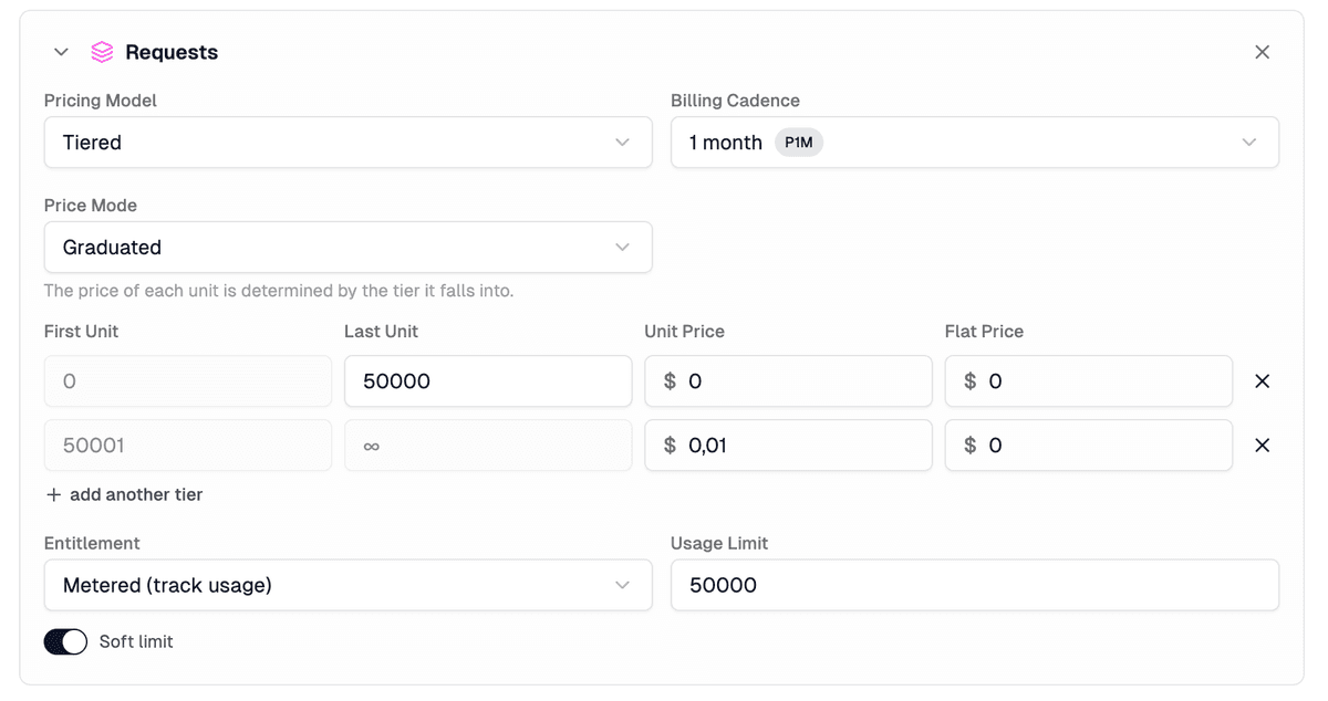 Tiered rate card with graduated pricing and the Soft limit toggle enabled