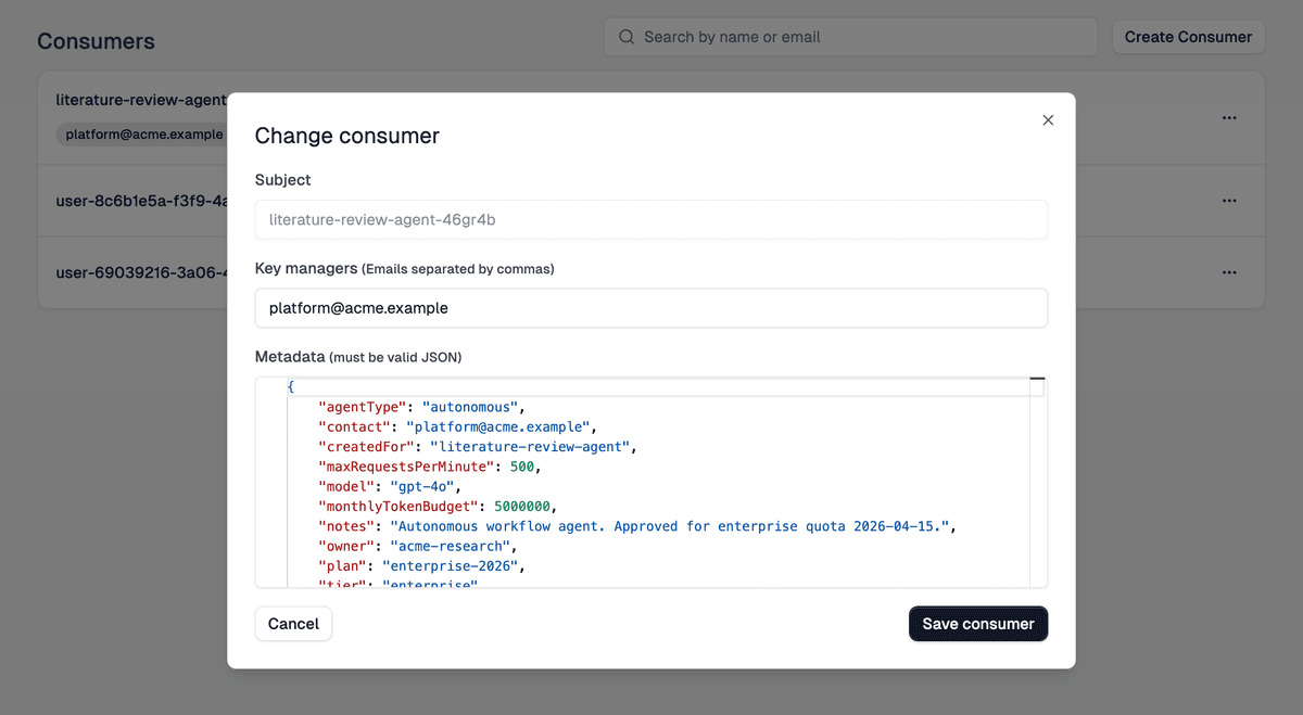 Zuplo Developer Portal Change consumer dialog showing a literature-review-agent consumer with JSON metadata including agentType, tier, monthlyTokenBudget, maxRequestsPerMinute, and model fields