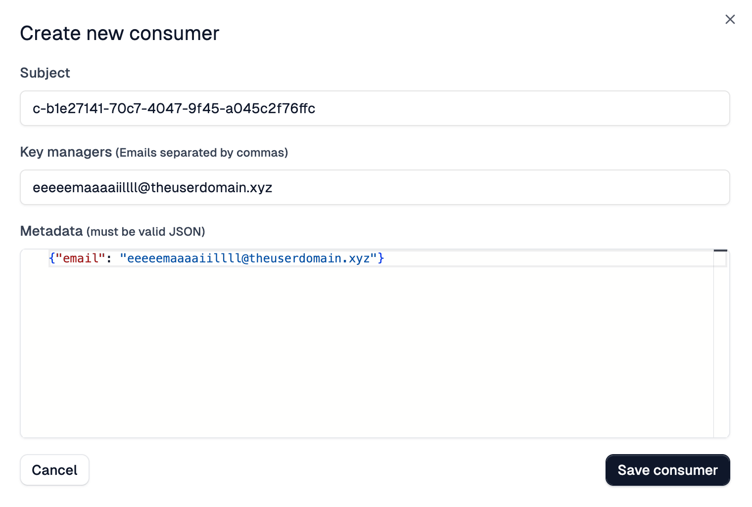 Zuplo Portal Create new consumer dialog with separate Key managers and Metadata fields, both containing the same email address