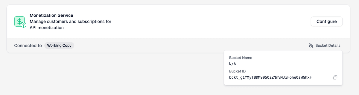 Zuplo project Monetization Service panel with the Bucket Details popover open, showing the Bucket ID prefixed with bckt_