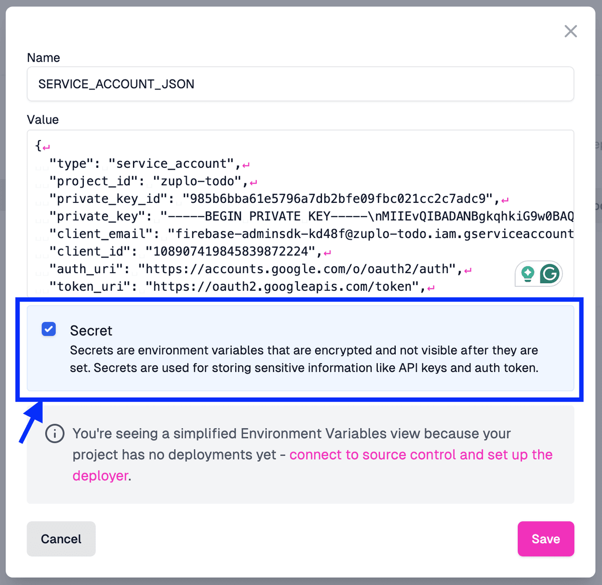 Marking env var as secret