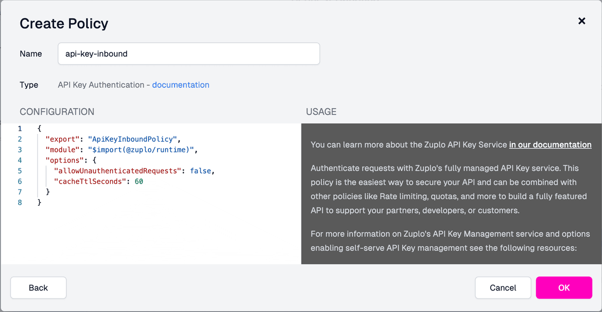Configure API key auth