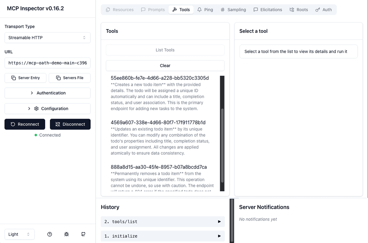MCP Inspector showing successful connection with available tools