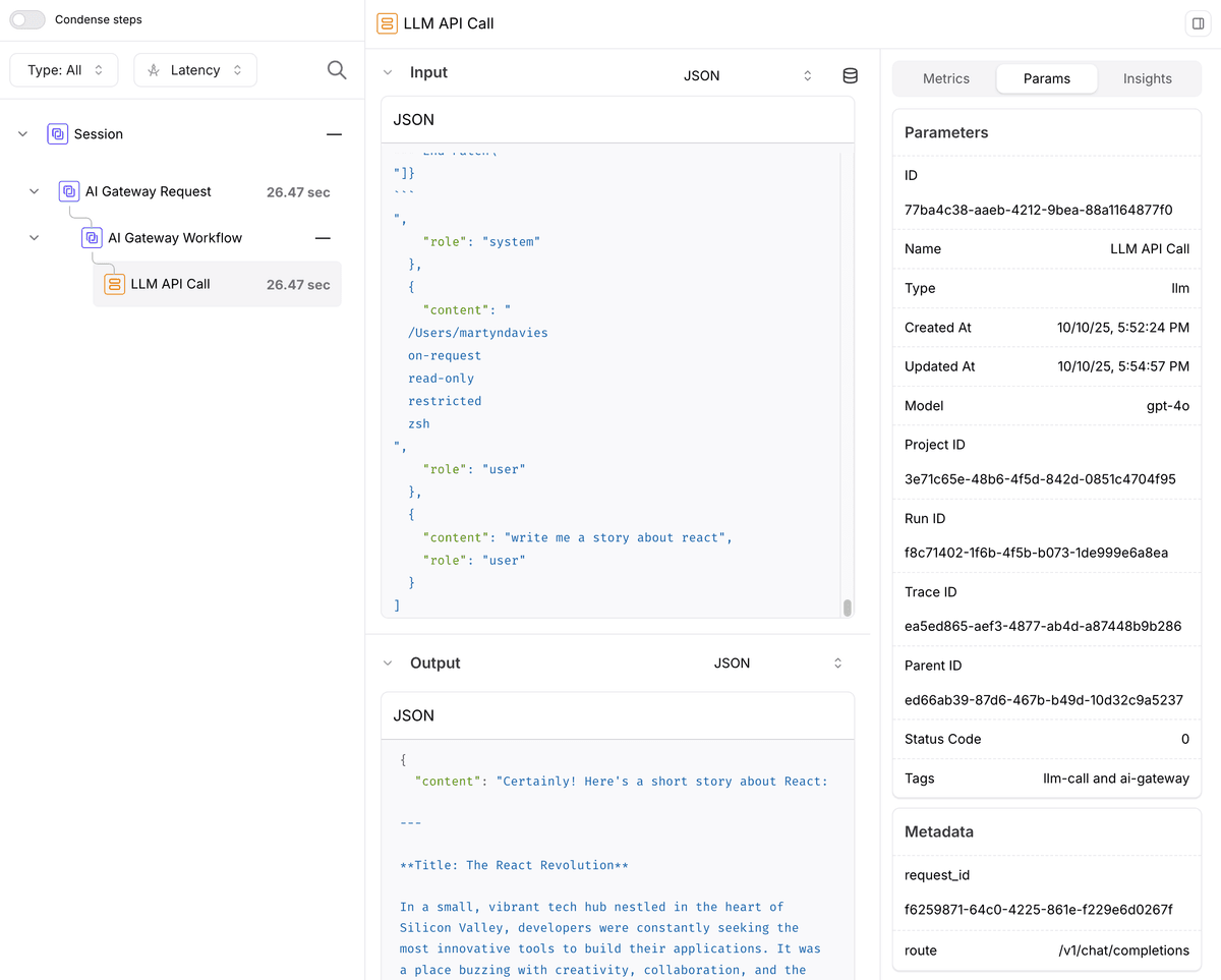 A trace and additional data in the Galileo project dashboard