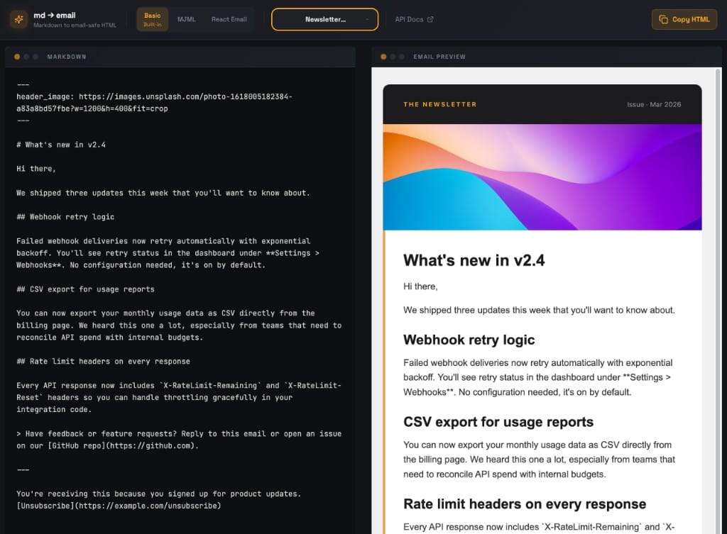 The markdown-to-email converter app built in Lovable, showing the split-pane editor with markdown on the left and a rendered newsletter email preview on the right