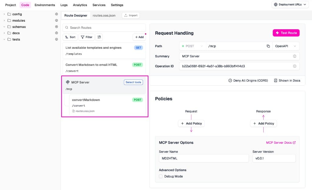 The MCP Server route configuration showing path POST /mcp, server name, version, and MCP Server Options