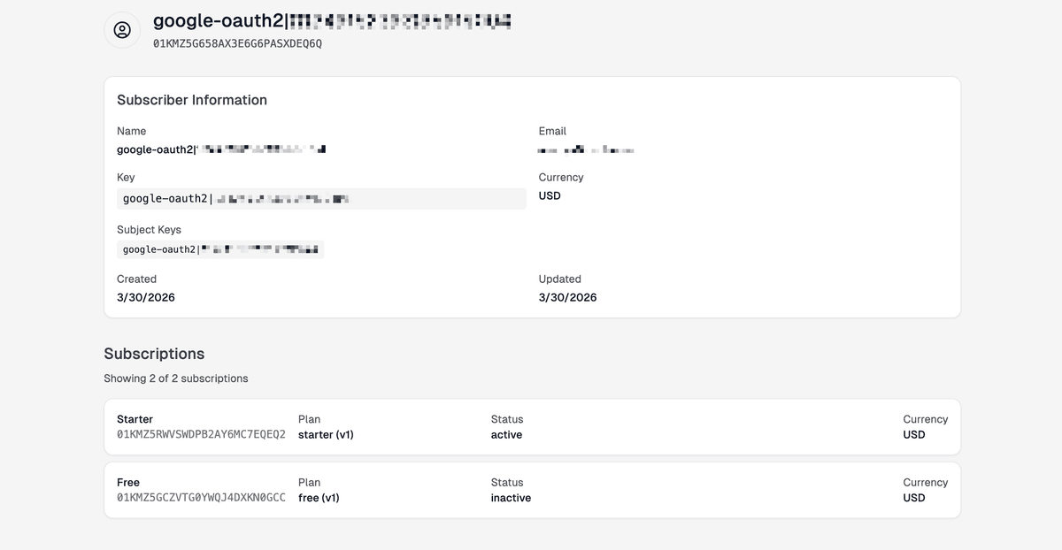 The subscriber detail view in the Zuplo monetization service showing subscription history