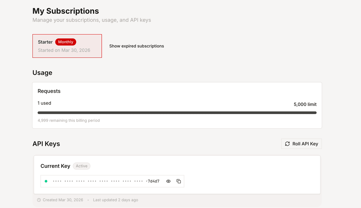 The My Subscriptions page showing plan details, usage tracking, and API key management