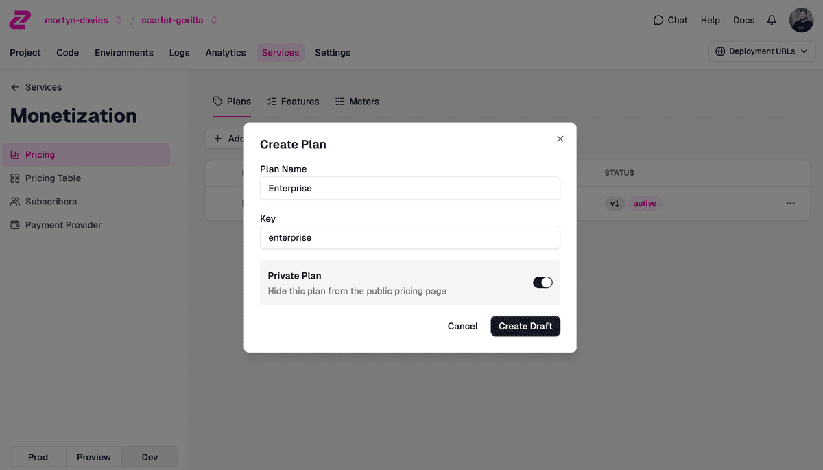 The Create Plan modal in the Zuplo portal with the Private Plan toggle switched on and set to "Hide this plan from the public pricing page"