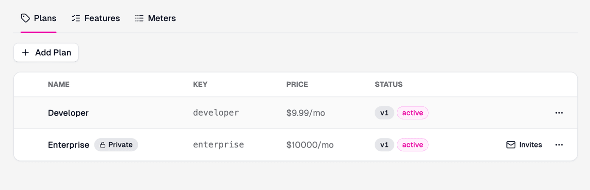 The Plans list in the Zuplo portal showing a public Developer plan and a private Enterprise plan, with the Private badge next to the Enterprise name and an Invites link on the row