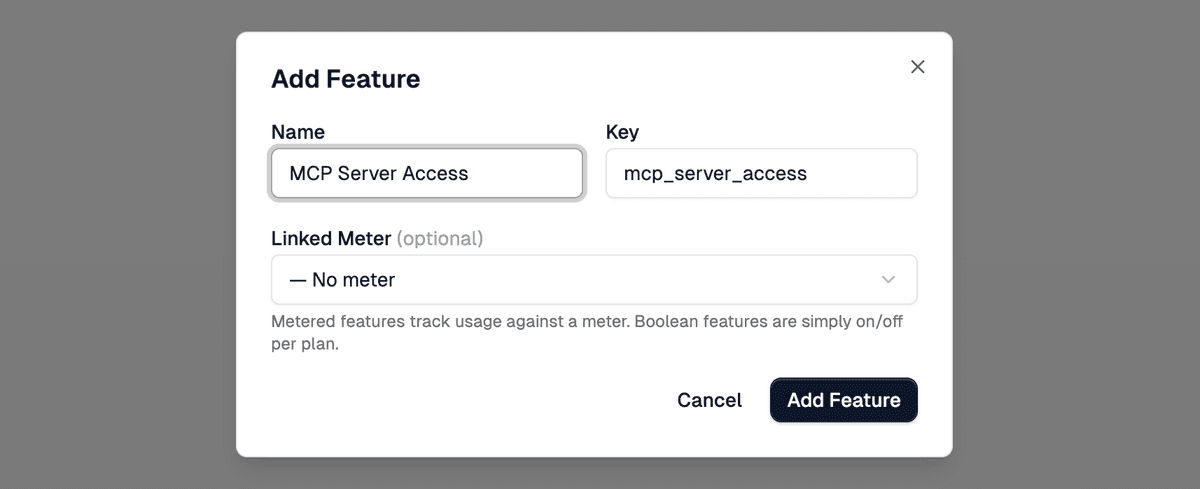 The Add Feature dialog in the Zuplo dashboard. Name is set to "MCP Server Access", the auto-derived Key reads "mcp_server_access", Linked Meter is set to "— No meter", and a helper line below reads "Metered features track usage against a meter. Boolean features are simply on/off per plan."