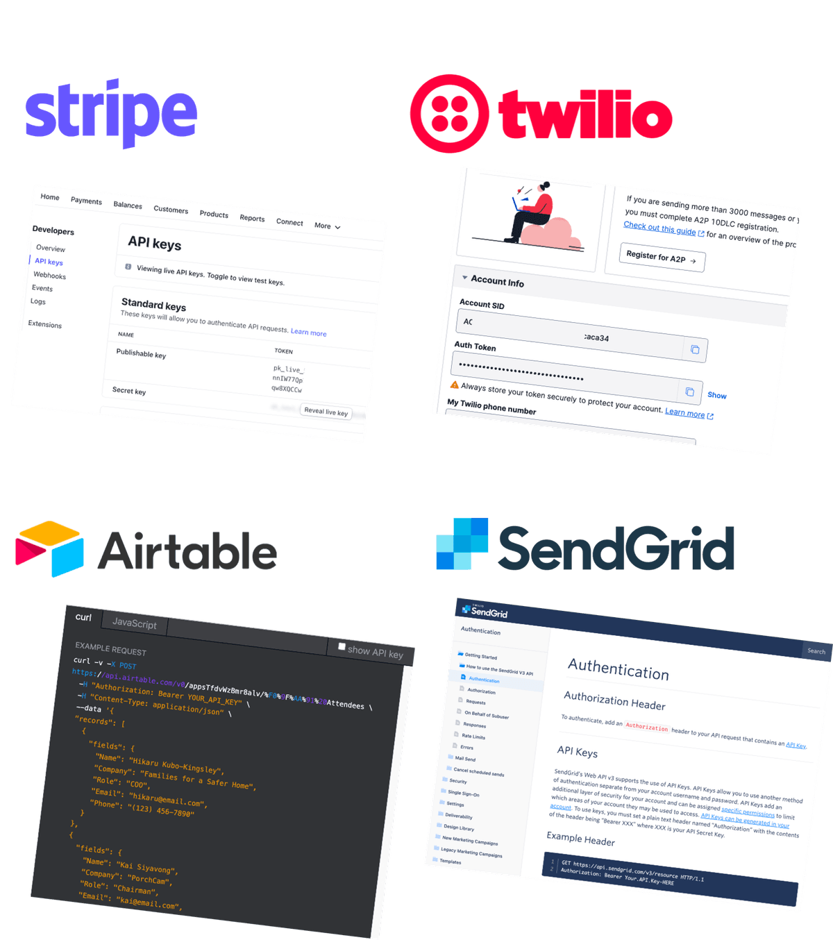 Stripe, SendGrid, Twilio and Airtable logos
