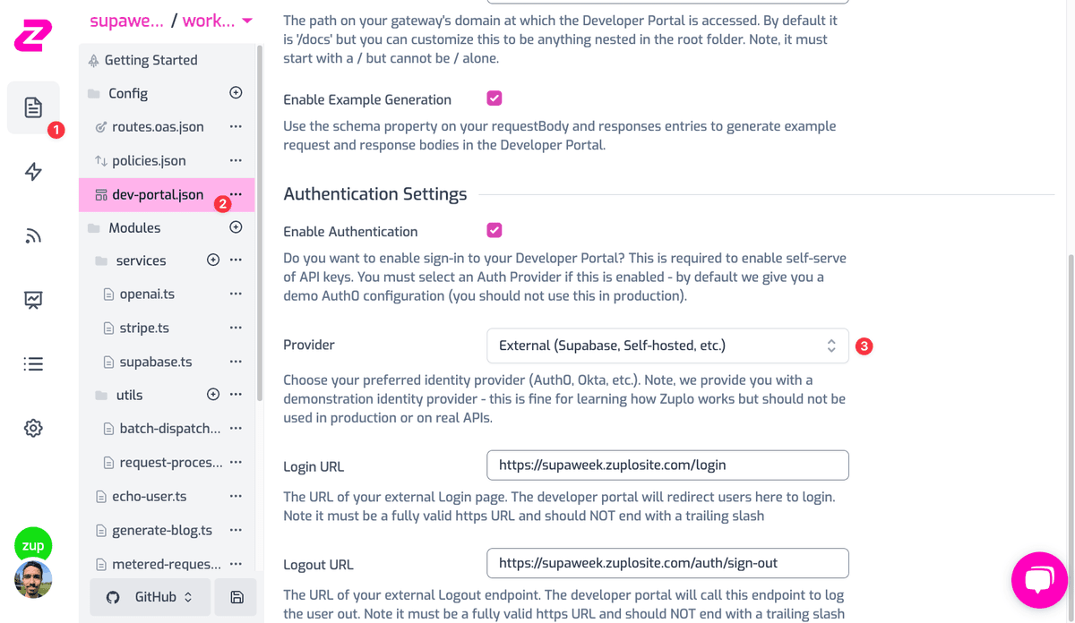 Dev Portal Auth Settings