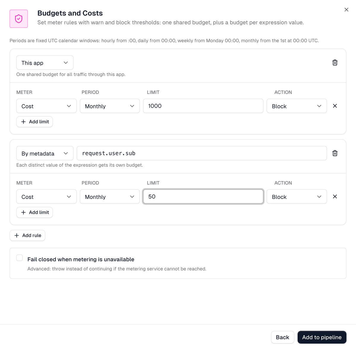 Budgets and Costs editor with a shared monthly budget and a separate monthly budget for each authenticated user