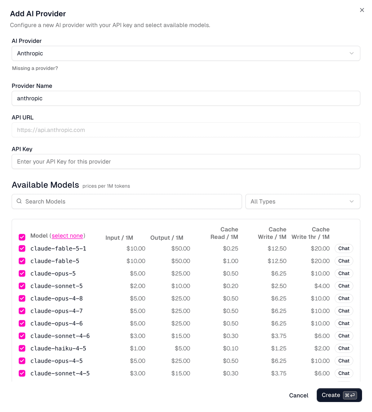 Anthropic provider model table showing cache-read, cache-write, and 1-hour cache-write prices