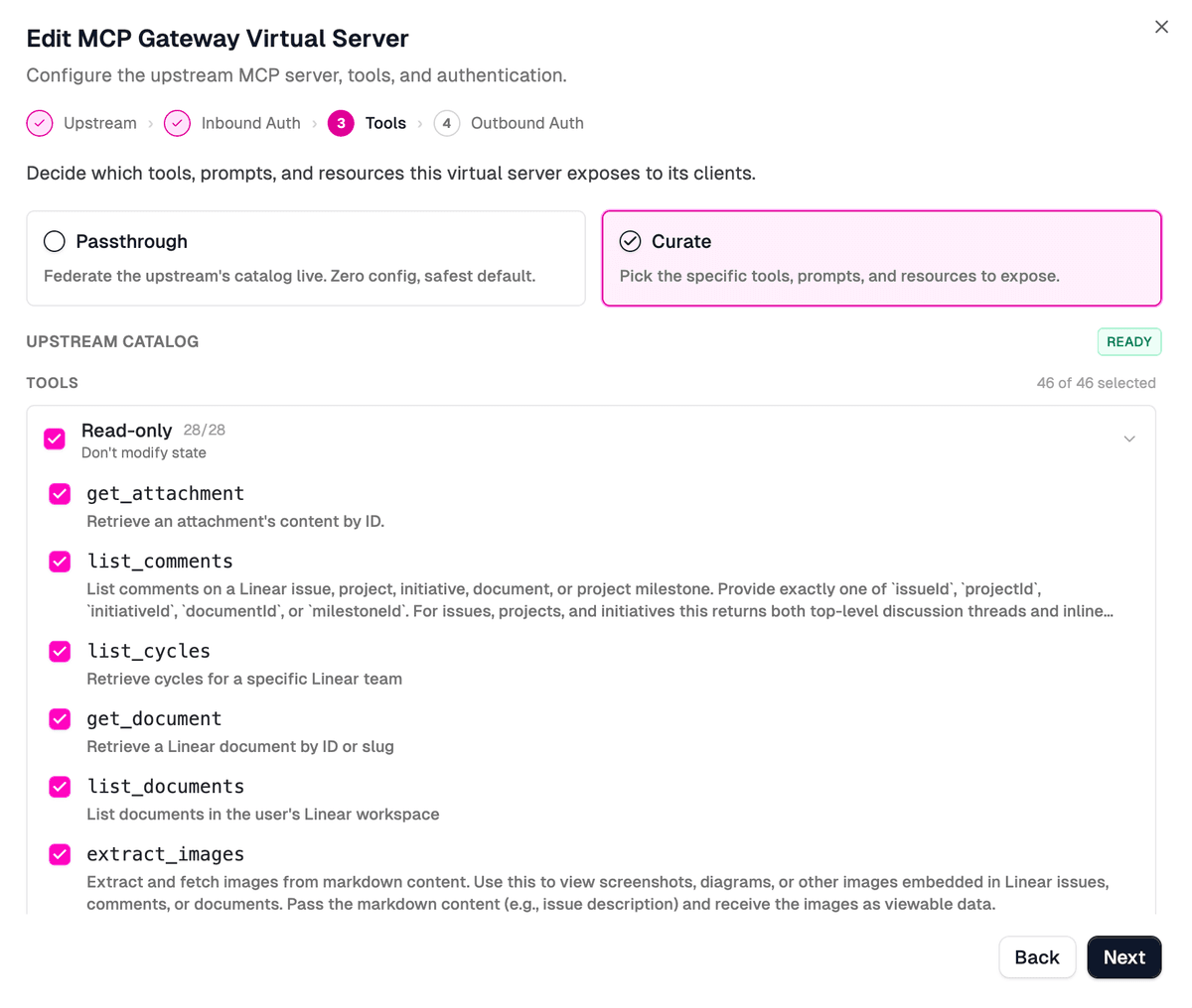 Tools step of the MCP Gateway wizard in Curate mode, selecting which upstream tools to expose