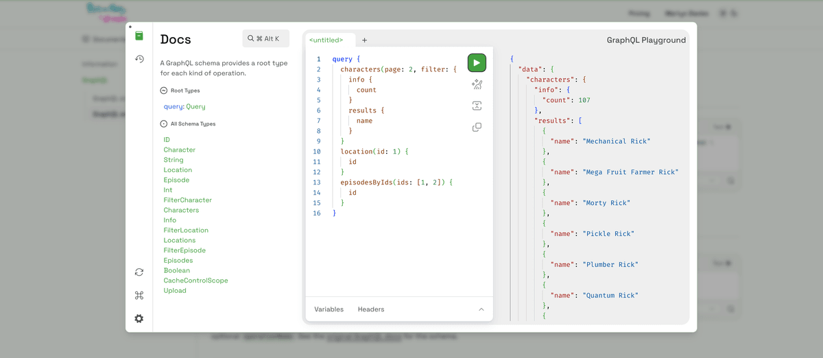 Dev Portal GraphQL playground with a schema type explorer, query editor, and live response panel