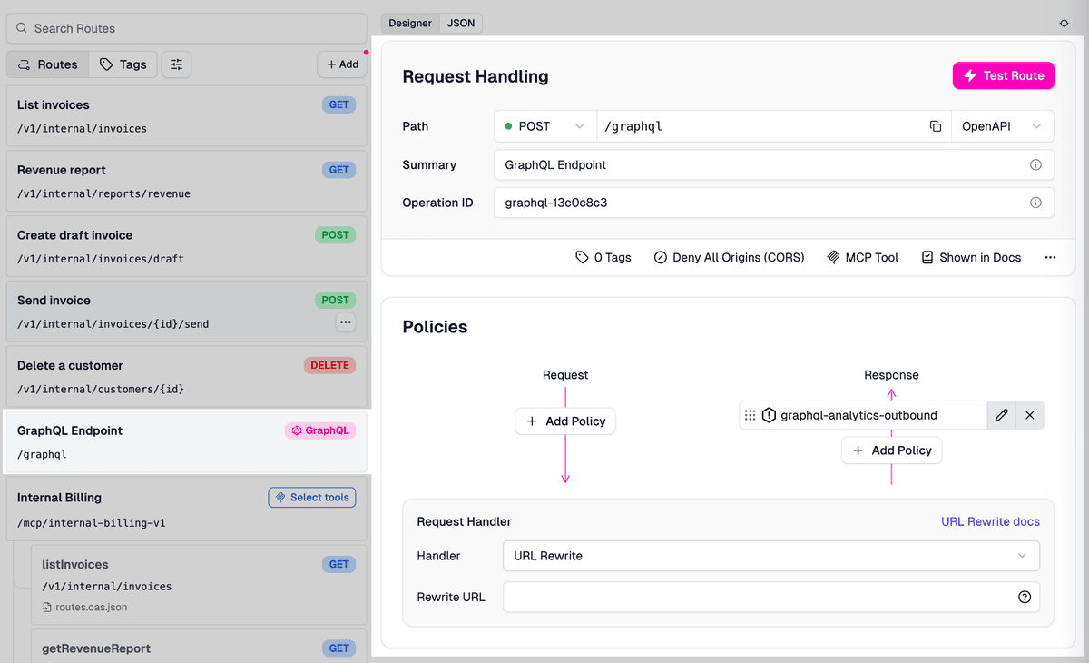 Zuplo Portal route designer showing a POST /graphql endpoint with the GraphQL badge, URL Rewrite handler, and graphql-analytics-outbound response policy