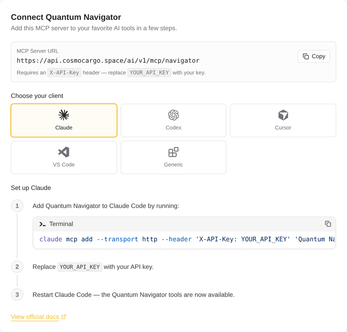 Dev Portal MCP connection page with copyable server URL, client picker, and per-client setup steps