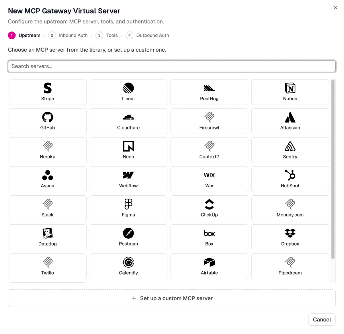 New MCP Gateway virtual server wizard with upstream MCP server library
