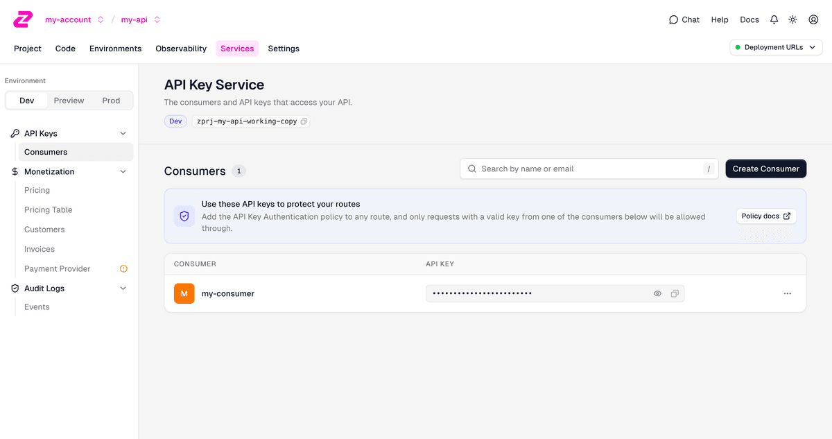 Redesigned Services section with sidebar navigation, environment switcher, and the refreshed API Key Service page