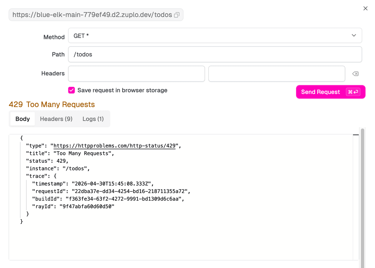 The Zuplo portal's Test Route panel. The top section is a request builder showing the gateway URL https://blue-elk-main-779ef49.d2.zuplo.dev/todos with Method GET, Path /todos, empty Headers fields, a "Save request in browser storage" checkbox, and a Send Request button. The bottom section shows the response: a 429 Too Many Requests with the Body tab open displaying a JSON Problem Details payload (type https://httpproblems.com/http-status/429, title "Too Many Requests", status 429, instance "/todos", and a trace object with timestamp, requestId, buildId, and rayId). Tabs above the body show Headers (9) and Logs (1).