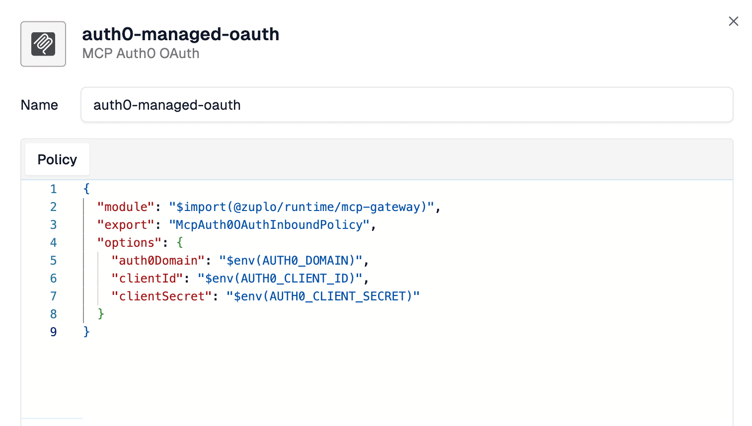 The Zuplo portal policy editor showing the auth0-managed-oauth policy (MCP Auth0 OAuth), with module @zuplo/runtime/mcp-gateway, export McpAuth0OAuthInboundPolicy, and auth0Domain, clientId, and clientSecret each sourced from an environment variable.