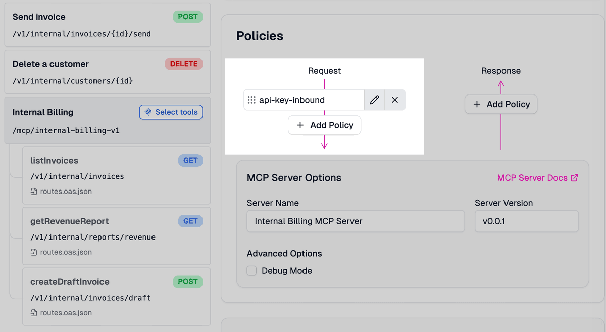 The Zuplo route's policy editor with the API key authentication policy added to the inbound pipeline of the MCP server route.