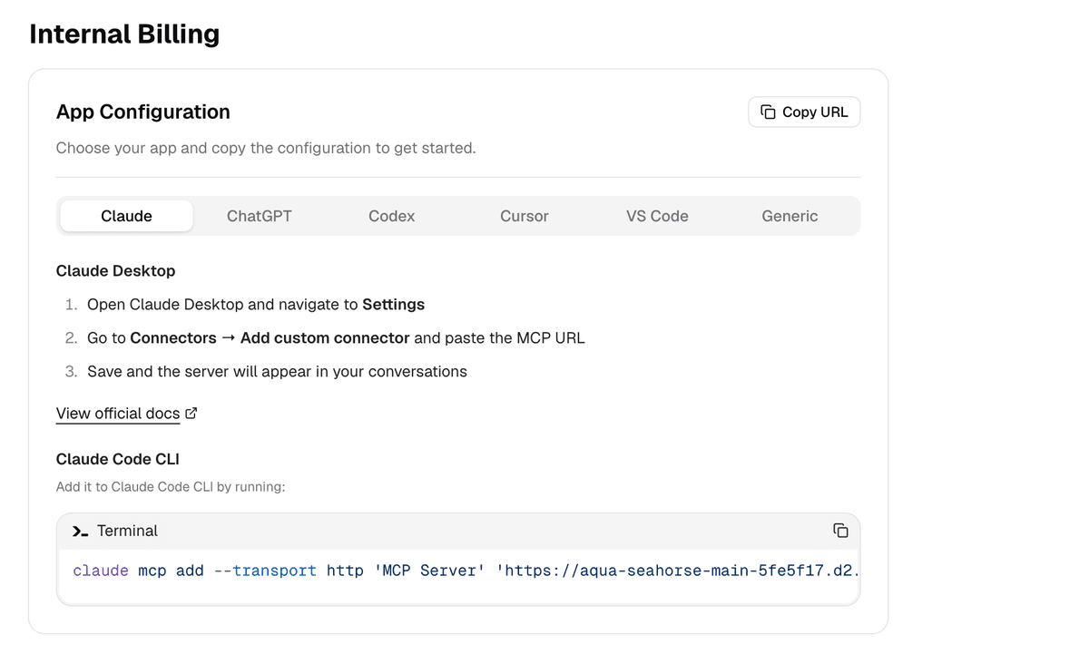The gateway project's developer portal showing per-app MCP setup instructions, with tabs for Claude, ChatGPT, Codex, Cursor, VS Code, and Generic, plus a copyable Claude Code CLI command.