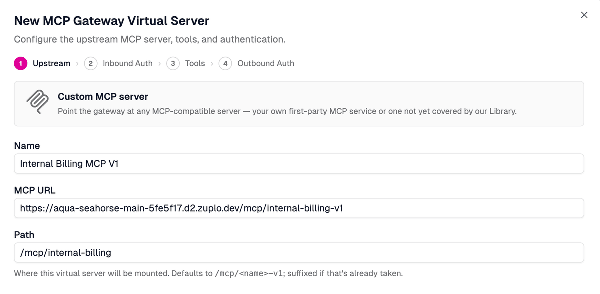 The New MCP Gateway Virtual Server wizard on the Upstream step, the Custom MCP server option chosen and the internal MCP server's URL pasted as the upstream.