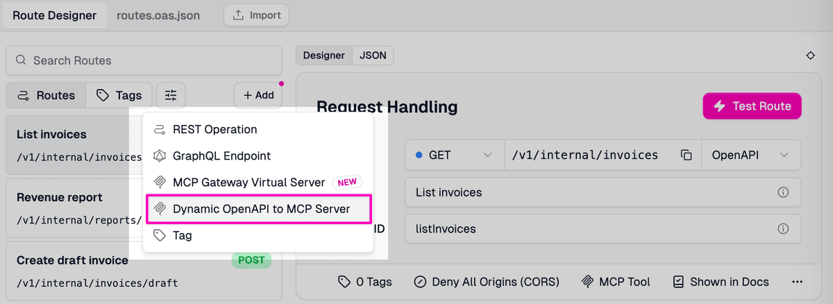 The Zuplo Route Designer with the Add menu open and the Dynamic OpenAPI to MCP Server handler highlighted as the route type.