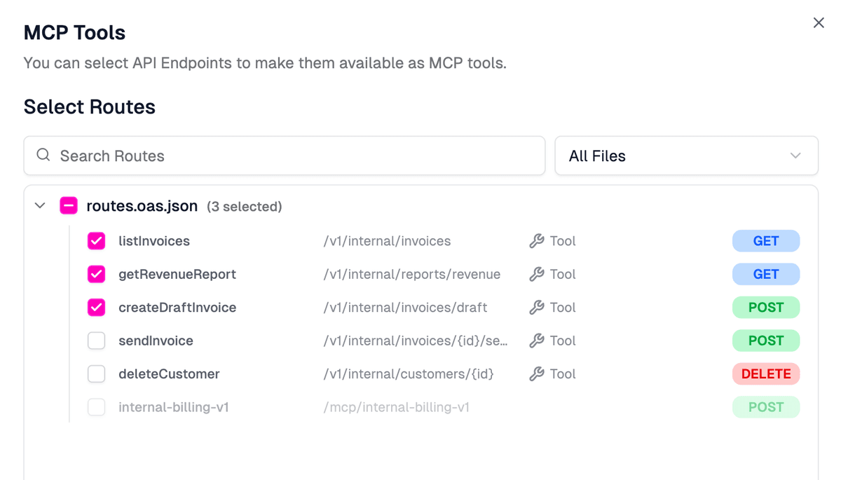 The MCP Tools dialog with listInvoices, getRevenueReport, and createDraftInvoice ticked while sendInvoice and deleteCustomer are left unchecked.