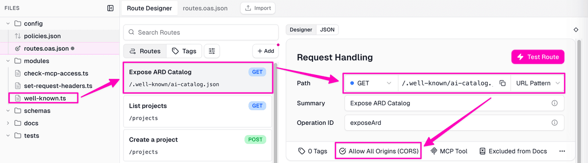 Zuplo Route Designer with the Expose ARD Catalog route (GET /.well-known/ai-catalog.json) wired to the well-known.ts handler and Allow All Origins (CORS) enabled.